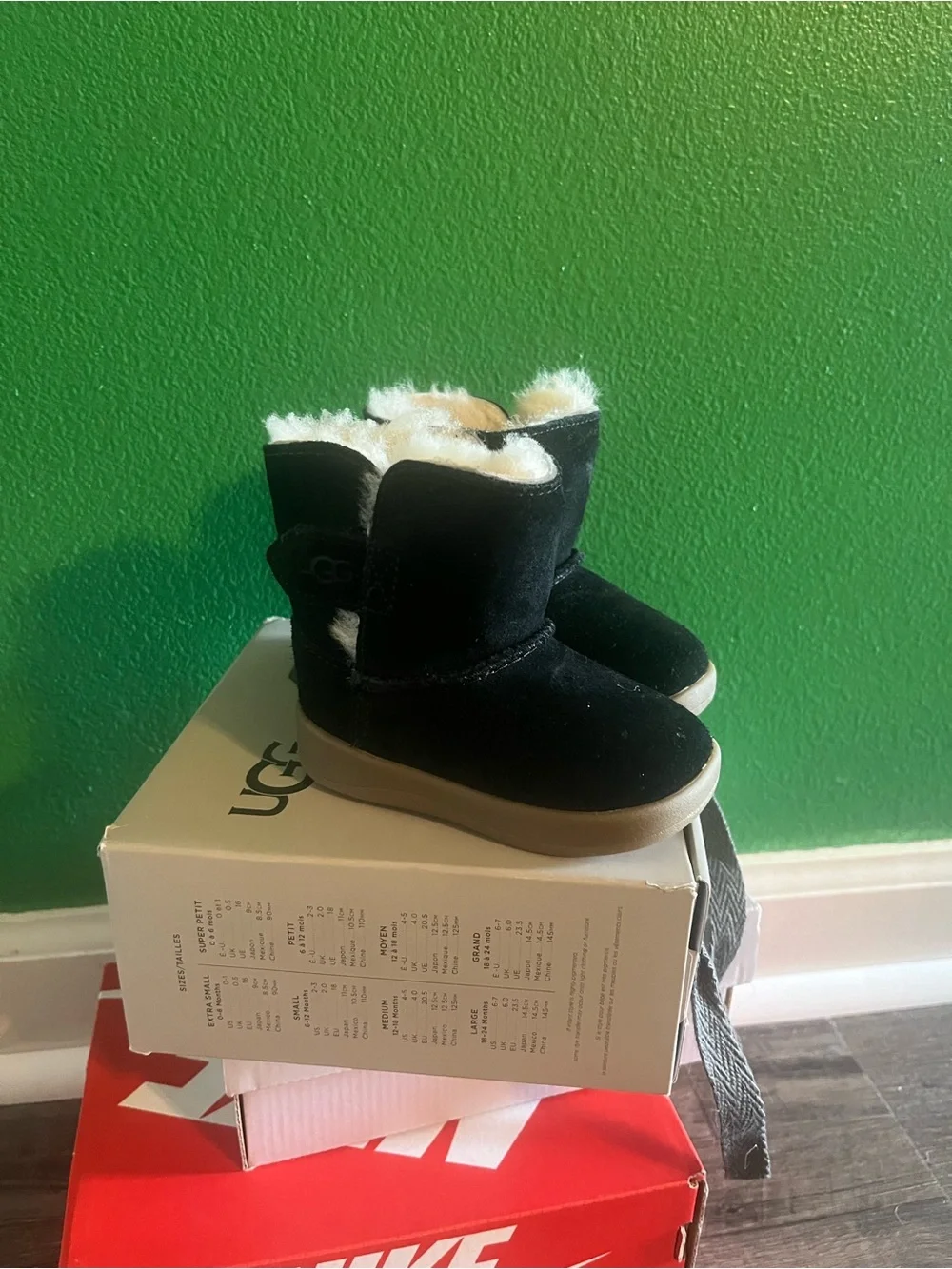 UGG Kids Black Suede Boot with Cream Fur